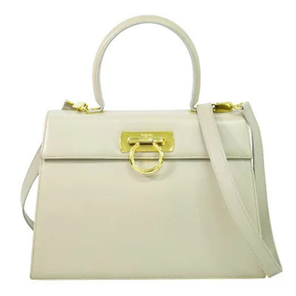Salvatore Ferragamo Gancini Pouch Leather 2Way Shoulder Bag Beige Tan